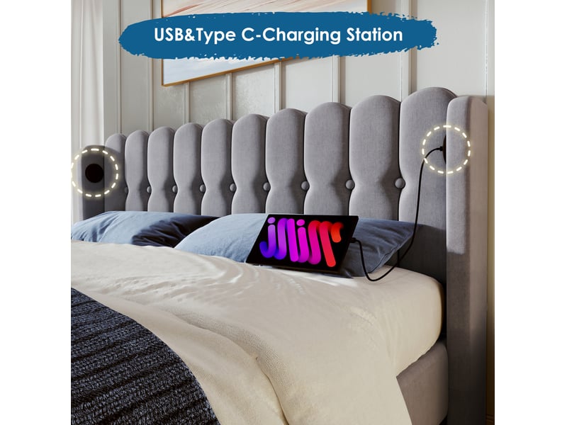  Lit rembourré 160 × 200 cm 2 places avec usb, type-c et tête de lit matelassée, matelas inclus, gris  - Conforama E