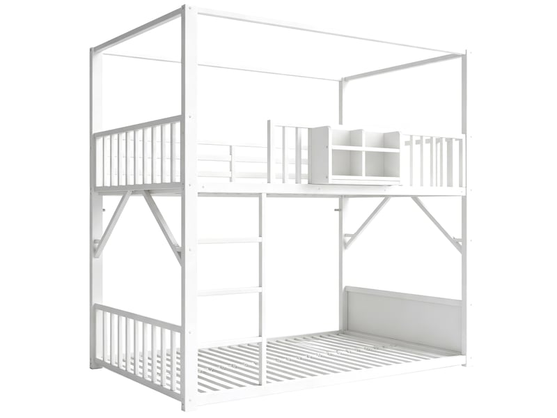  Lit superposé enfant 90x200 cm - 2 couchages - structure métal avec toit - barrière de sécurité - rangement - blanc  - Conforama E