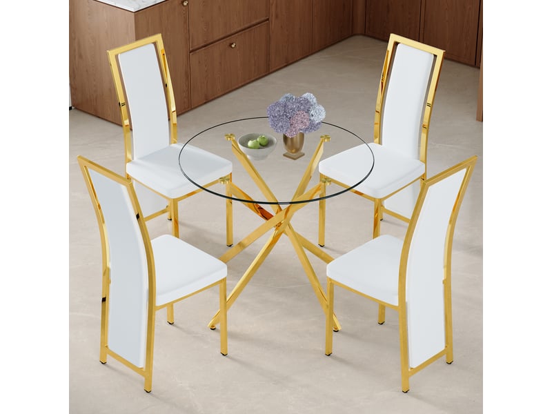  Ensemble table ronde et 4 chaises, plateau en verre trempé 88 cm, sièges blancs en similicuir et structures en métal doré  - Conforama C