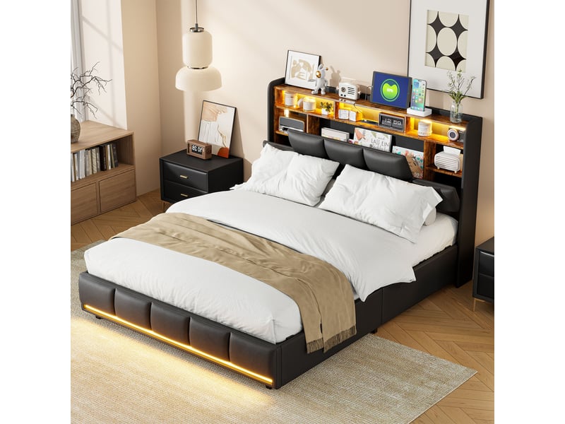  Lit 140 x 200 avec sommier, rangement tête de lit et hydraulique, led tête et pied de lit, ports usb et type-c, revêtement pu noir  - Conforama D