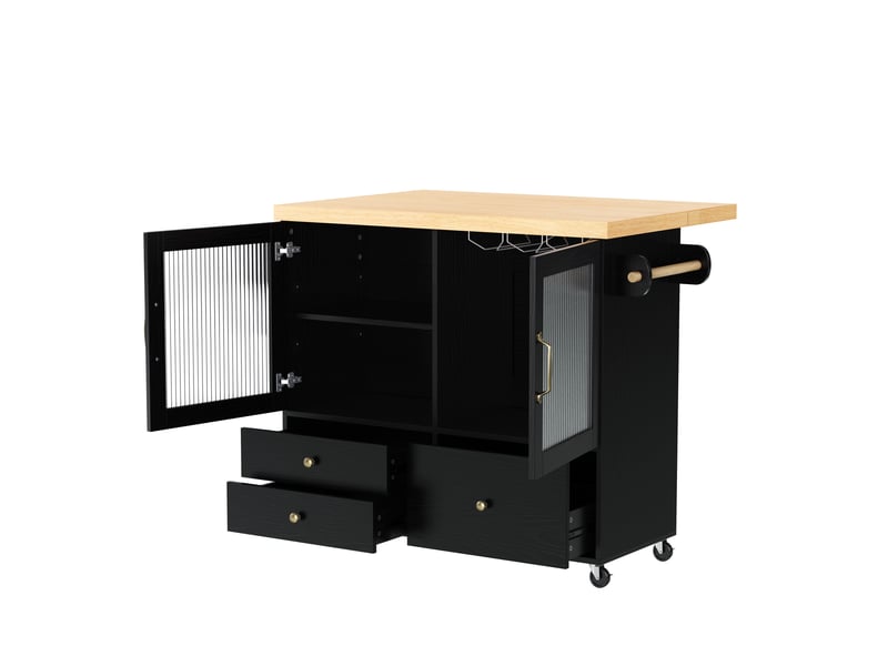  Îlot de cuisine sur roulettes noir avec table à manger extensible, chariot de cuisine avec support pour verres à vin et rangement  - Conforama W