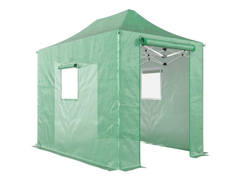  Serre pop-up pliable - 200x300x270 cm - vert - polyéthylène - toit à pignon - portes et fenêtres à fermeture éclair 295x200x270cm - Conforama A