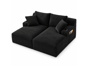 Canapé lounge 2 places à configuration double méridienne, velours côtelé noir, porte-gobelets, mousse dense et ressorts, livré compressé, sans montage