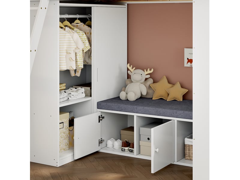 Lit mezzanine enfant tcqpz 90 x 200 cm avec rangement, armoire, étagères et banquette blanc et naturel - Conforama D