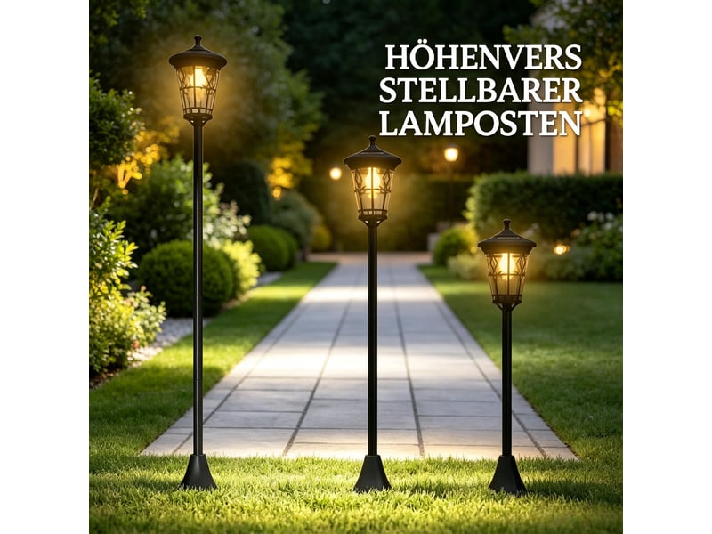 Lot de 2 lampadaires solaires de jardin 1,86 m, hauteur réglable, acier inoxydable noir  - Conforama E
