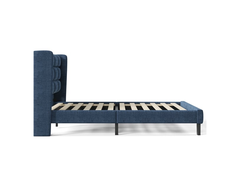  Lit simple 90x200 cm en lin bleu avec tête de lit haute et lattes, sans matelas  - Conforama E