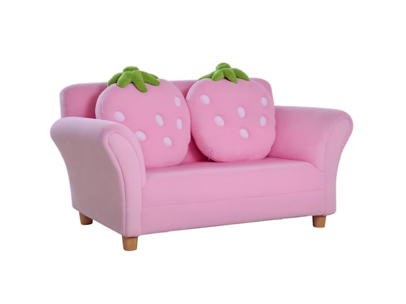  Canapé enfant 2 places 90x53x48 cm rose en bois, avec 2 coussins motif fraise pour chambre enfant  - Conforama A