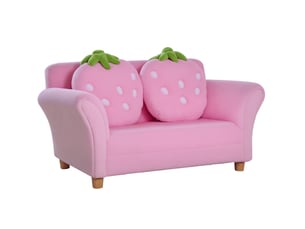 Canapé enfant 2 places 90x53x48 cm rose en bois, avec 2 coussins motif fraise pour chambre enfant