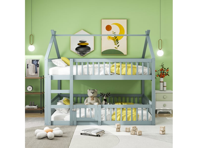  Lit superposé enfant 140 x 200 cm avec escalier, barrières et cadre gris  - Conforama D