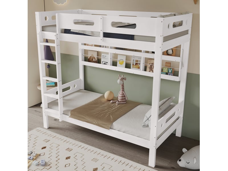  Lit superposé enfant blanc 90 x 200 cm avec étagères ouvertes et échelle 5 marches  - Conforama B
