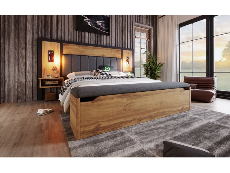 Lit coffre 160x200 cm avec matelas, bois et lin, chêne, rangement et lampe de lecture usb evarich - Conforama E