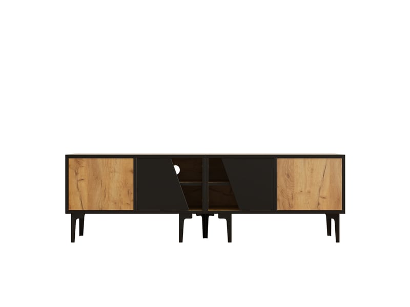  Meuble tv bas design 160 x 36,5 x 45 cm 4 compartiments portes obliques 7 pieds panneau de particules naturel et noir  - Conforama E