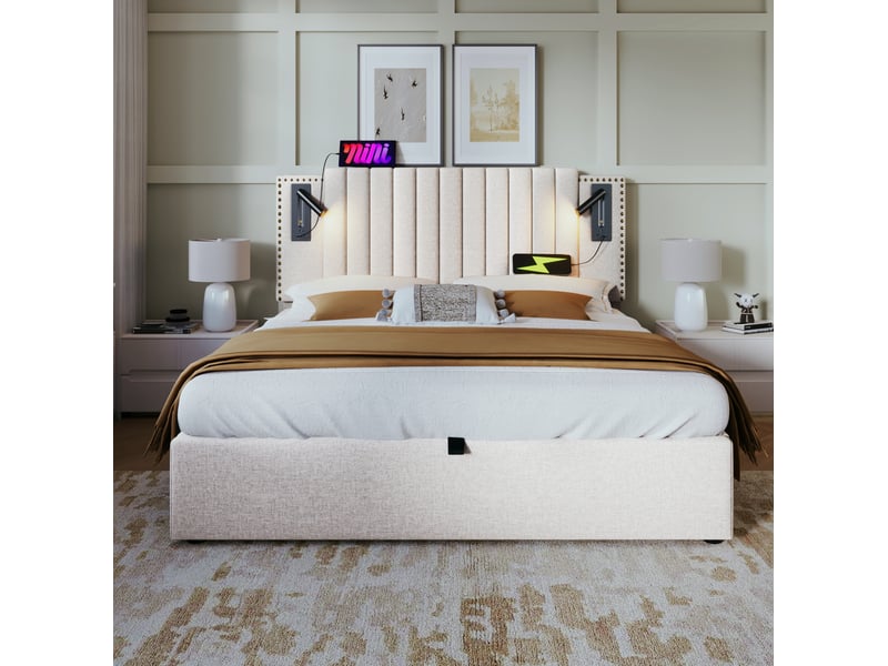  Lit coffre tcqpz 160 x 200 cm avec tête de lit réglable, liseuse, usb type-c, beige  - Conforama D