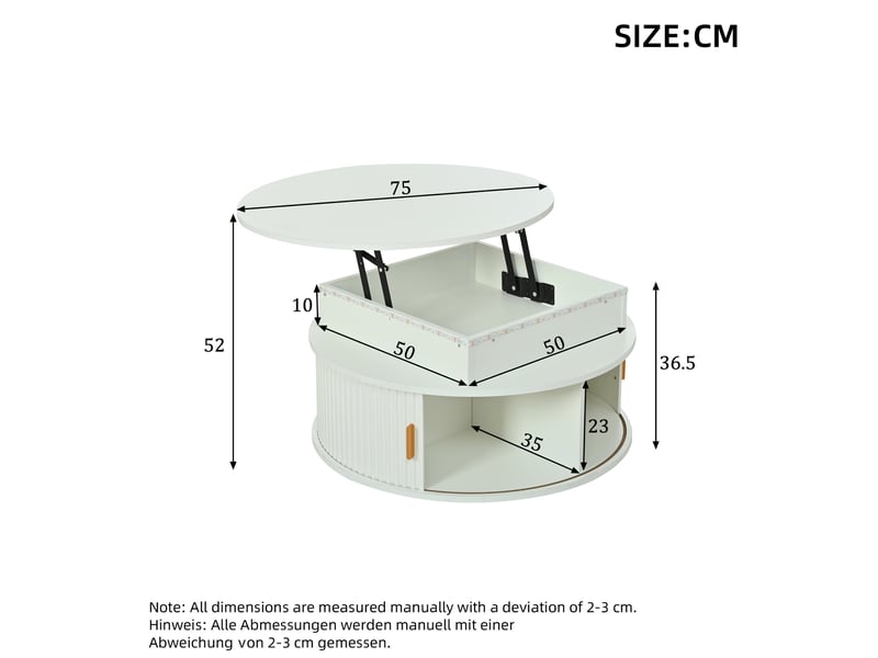  Table basse relevable ronde avec 2 portes à enroulement, led, rangement, pour salon, en mdf, blanche, 75 × 75 × 52 cm  - Conforama D