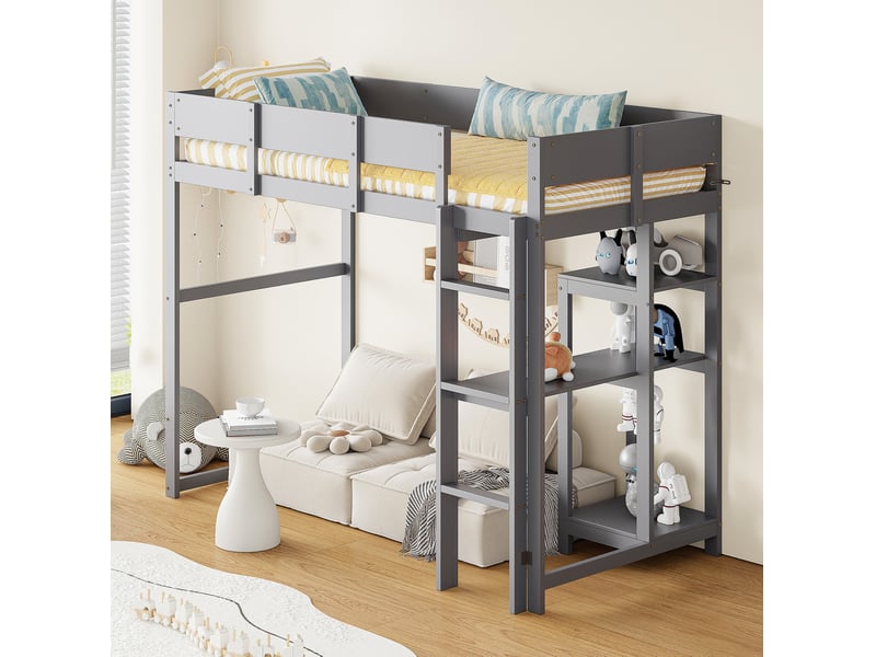 Lit mezzanine 90 × 200 cm 1 place avec étagère et barrières, pour enfant, sans matelas, en bois, gris - Conforama B