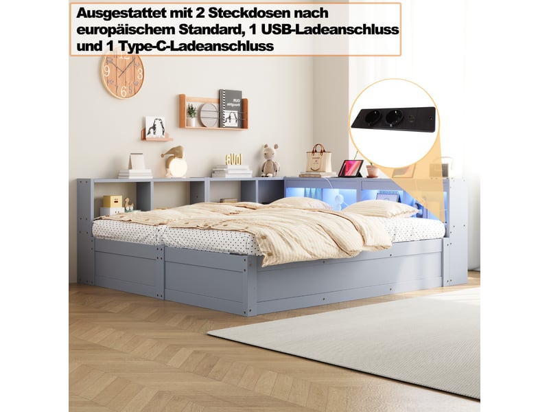  Lit sofa 90180 x 200 cm gris en mdf, prises intégrées, led, coffre hydraulique et rangements  - Conforama D