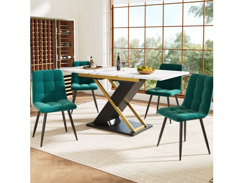 Table à manger extensible 120-160 x 80 cm – plateau mdf effet marbre – noir et doré - Conforama C