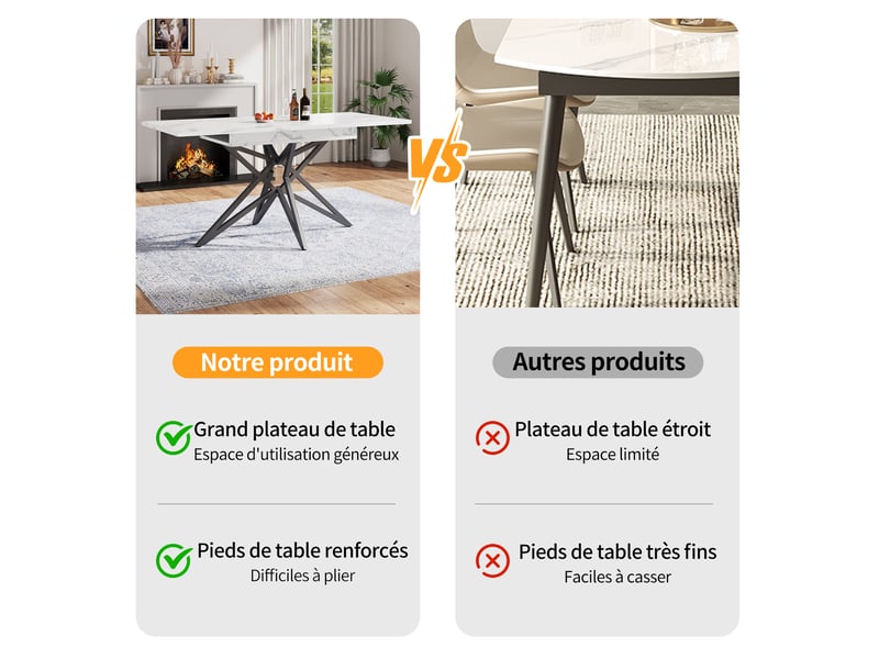 Table à manger extensible 120-160x80x76 cm, plateau effet marbre mdf, blanc, pieds étoile en métal, noir - Conforama R