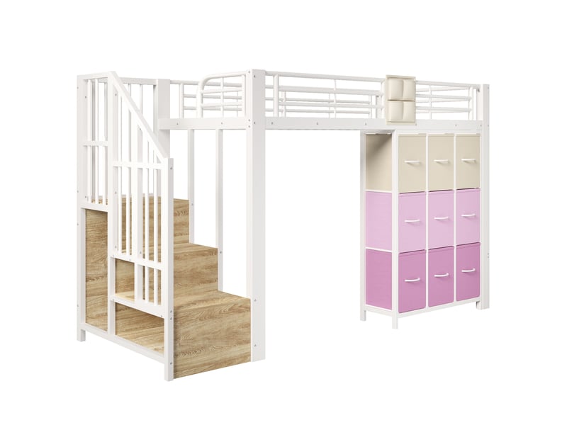 Elvmi lit mezzanine 90x200 cm en métal et mdf blanc, avec escalier de rangement, commode à tiroirs, penderie intégrée, garde-corps et poche textile, espace inférieur polyvalent, sommier inclus, sans matelas  - Conforama A