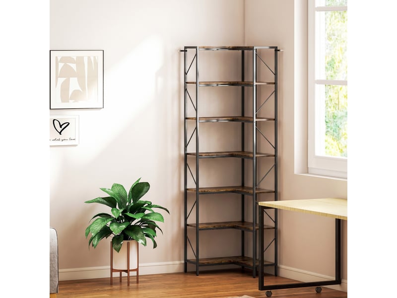  Bibliothèque d'angle en l à 7 niveaux, marron rustique  - Conforama B