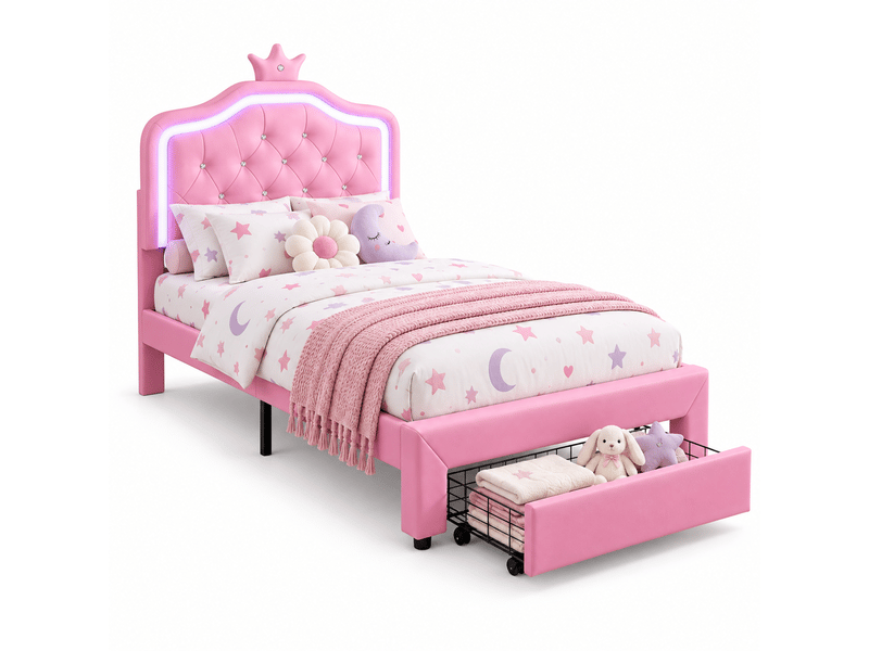  Lit simple enfant 90x200 cm avec led et 1 tiroirs - lit une place - tête de lit réglable en hauteur - pu - cuir -rose  - Conforama A