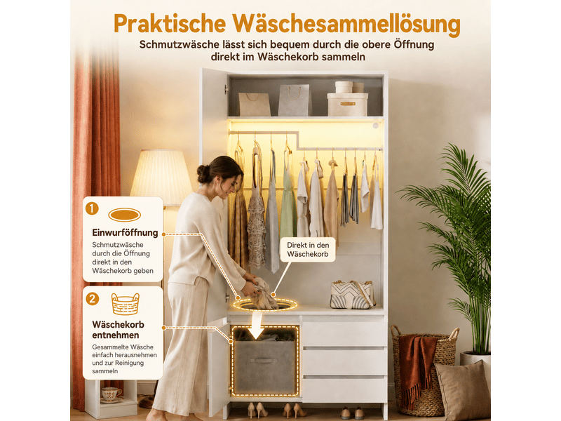  Armoire dressing 90x50x200 cm avec led, penderie, panier à linge intégré, 3 tiroirs, compartiment supérieur, mdf et panneaux de particules blancs  - Conforama E