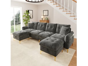 Canapé d'angle panoramique convertible <strong>HAUSS SPOLE</strong> <strong></strong> 4 places Tissu gris avec coffre de rangement