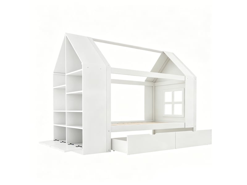 Lit cabane enfant 90x200 cm - 2 tiroirs et rangement - LED - lit multifonction en bois - Lit simple - Blanc - Conforama W