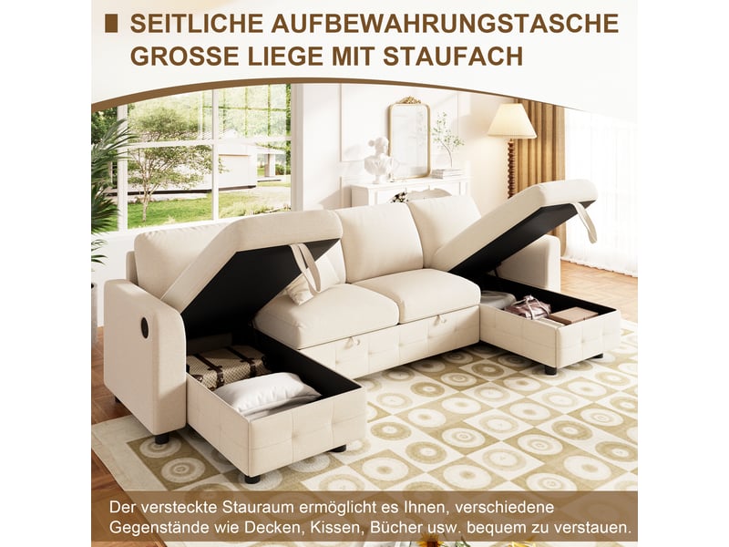 Canapé panoramique beige en chenille, 260 × 128 × 82 cm, avec couchage, pour salon et charge max. 150 kg - Conforama D
