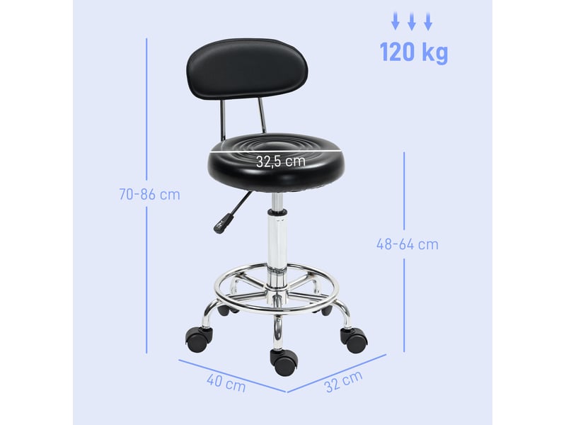  Tabouret de bureau à roulettes réglable en hauteur noir, dossier et repose-pieds, pivotant à 360° pour le travail  - Conforama C