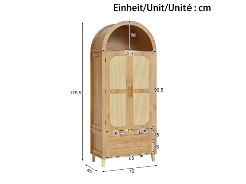  Armoire haute arquée 76x40x179,5 cm naturel, niche led via application, 2 portes effet rotin avec organiseurs, 2 tiroirs, mdf et panneaux  - Conforama C