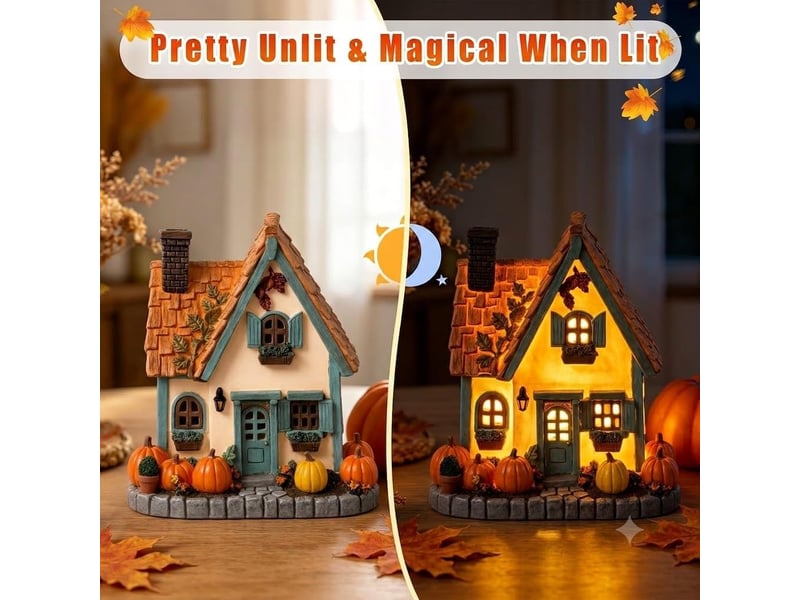  Décoration automne lumineuse 1 pièces, maison de village en résine avec led blanc chaud, décoration de table, blanc  - Conforama C