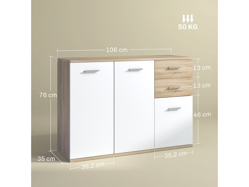  Buffet de salon, meuble de rangement avec 2 tiroirs, 3 portes et une étagère réglable, 106 x 35 x 76 cm, bois blanc et naturel  - Conforama E