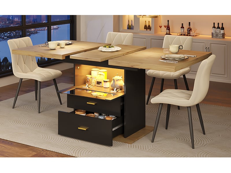  Table à manger - table de cuisine extensible avec led intégré et pieds métalliques croisés, effet bois moderne, mdf couleur naturelle 110–140×80×75 cm  - Conforama D