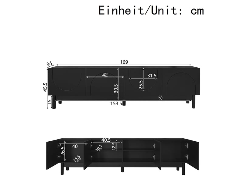  Meuble tv bas noir 169 x 34 x 45,5 cm avec 4 portes sans poignées et étagères  - Conforama C