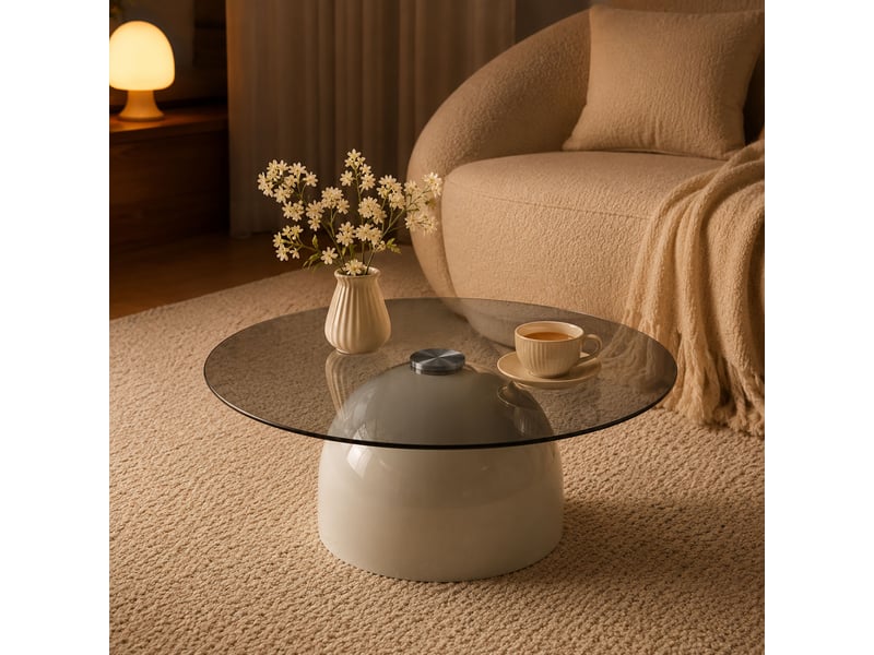  Table basse ronde en verre trempé et acier carboné avec piétement demi-sphère beige  - Conforama B
