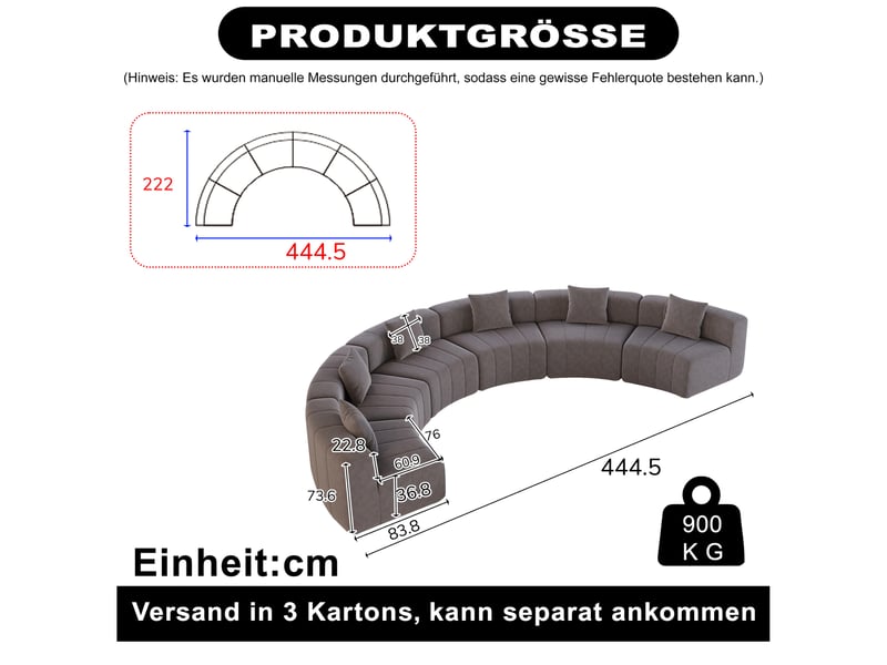  Canapé modulable modenvie 6 places semi-circulaire en chenille gris 444,5 x 222 x 73,6 cm  - Conforama C