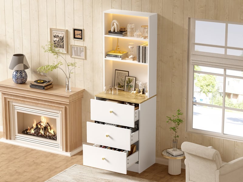  Commode 3 tiroirs, armoire haute avec éclairage rgb, meuble polyvalent en vitrine ou rangement, 60 x 40 x 180 cm, coloris naturel et blanc  - Conforama B