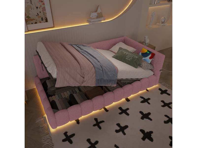  Canapé-lit 90 × 200 cm, rangement hydraulique, bande lumineuse led, port usb type-c, revêtement imitation feutre, rose  - Conforama E