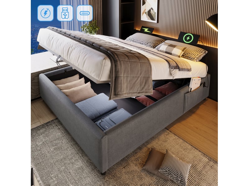  Lit coffre double 160x200 cm avec ports usb et usb-c, bois et métal, gris, sans matelas  - Conforama B