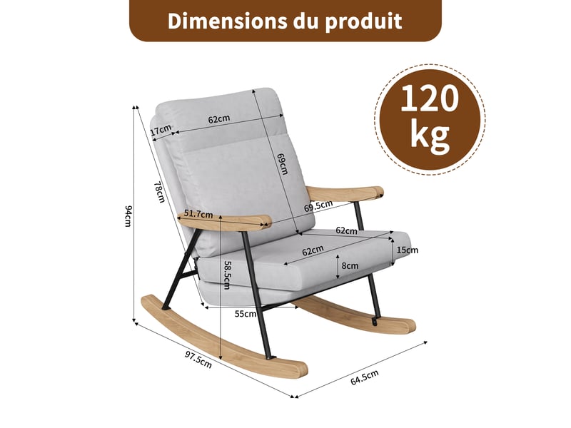 Fauteuil à bascule en tissu lin avec accoudoirs ergonomiques et base en bois naturel pour salon et chambre - 64,5x97,5x94 cm - gris  - Conforama E