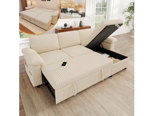 Canapé d'angle réversible convertible <strong>FLORAGRACE</strong> <strong></strong> 3 places Velours côtelé beige avec coffre de rangement