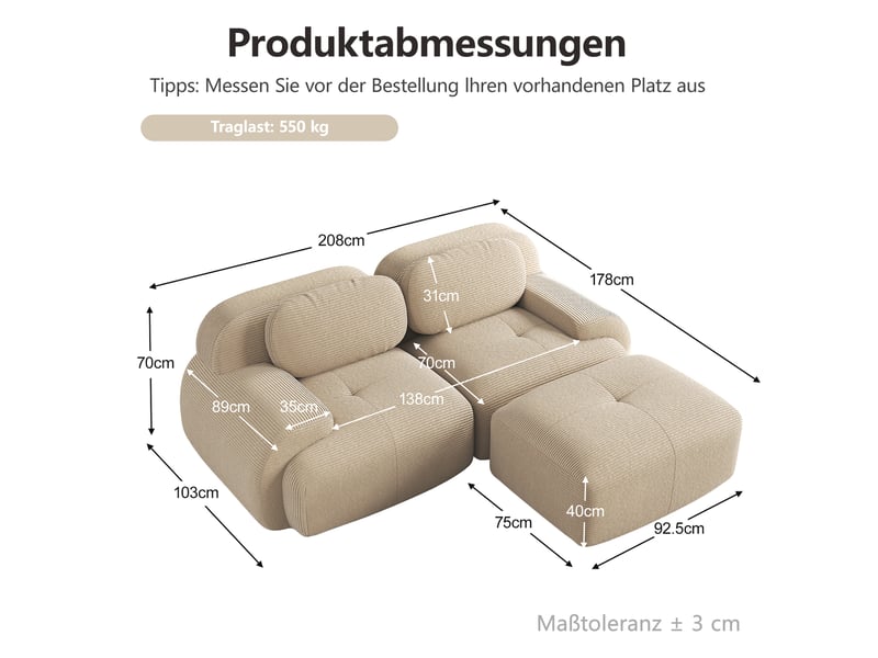  Canapé d'angle modulaire modenvie 2 places en velours côtelé beige 208 x 178 x 70 cm  - Conforama C