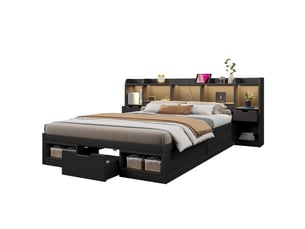 Lit coffre 2 places 140x200 cm, sans matelas, mdf noir, port usb, led intégré, tête de lit avec rangements, doté de sommier à lattes