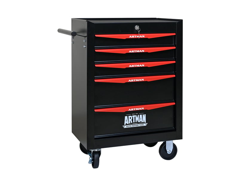  Caisson à roulettes avec 5 tiroirs, serrure et 4 roulettes freinées pour garage, noir et rouge, 60 × 33 × 77,5 cm  - Conforama A