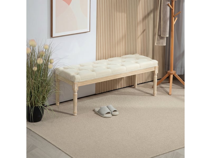 Tabouret capitonné style classique bois sculpté aspect lin beige - Conforama B