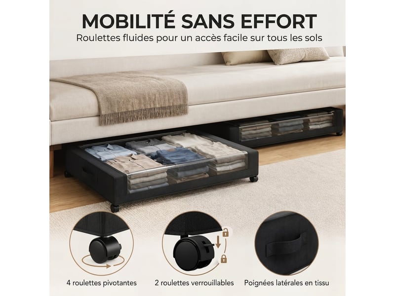 Boîte de rangement sous lit à roulettes, lot de 2, 40l, fermeture éclair, cadre en acier, poignées, 78x44x16cm, noir - Conforama R