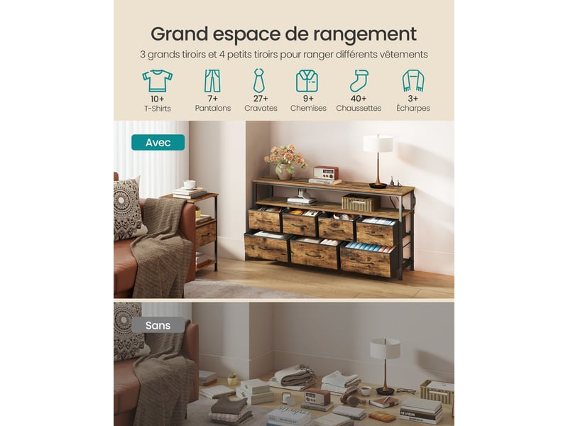  Commode de rangement industrielle avec éclairage led 30 x 113,8 x 68,1 cm 7 tiroirs en aggloméré marron rustique 12_0012799  - Conforama D