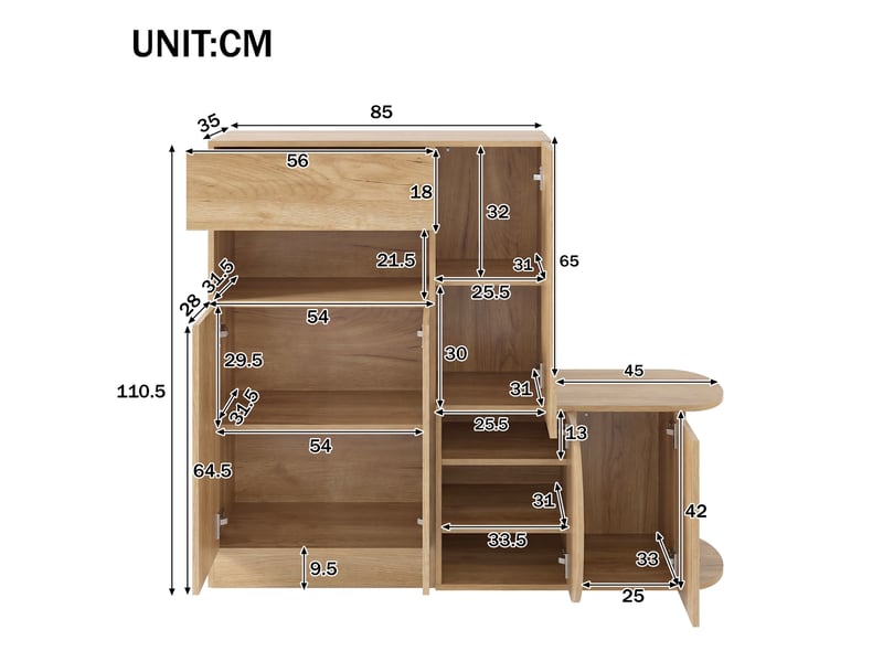 Meuble à chaussures 130x35x110,5 cm avec banquette, 5 portes, 1 tiroir et niche ouverte, grand rangement - Naturel Fay Lum - Conforama C