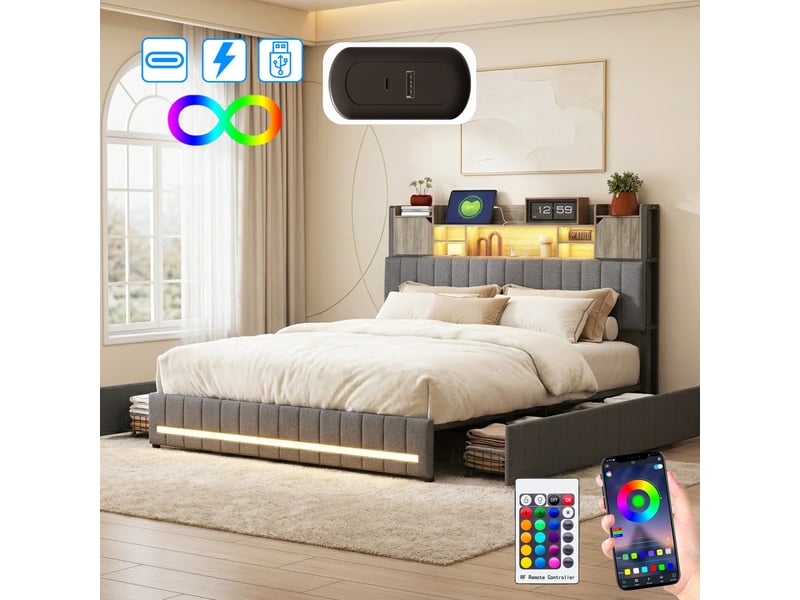  Lit double 140x200 cm,lit capitonné rembourré avec 4 tiroirs et led, usb et type-c, tête de lit rangement, gris, lin  - Conforama B